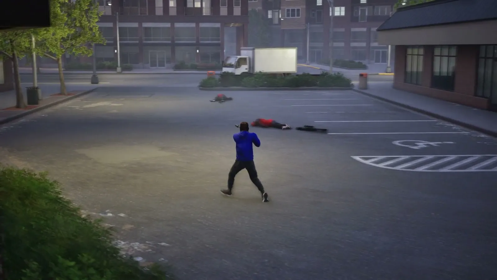 Blue gang player crouching alone in the middle of a marked Chicago street