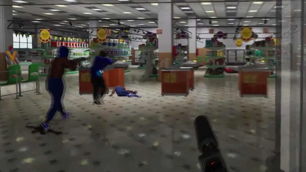 Two blue-clad gang members exchange fire across a supermarket checkout while a teammate lies on the tiled floor
