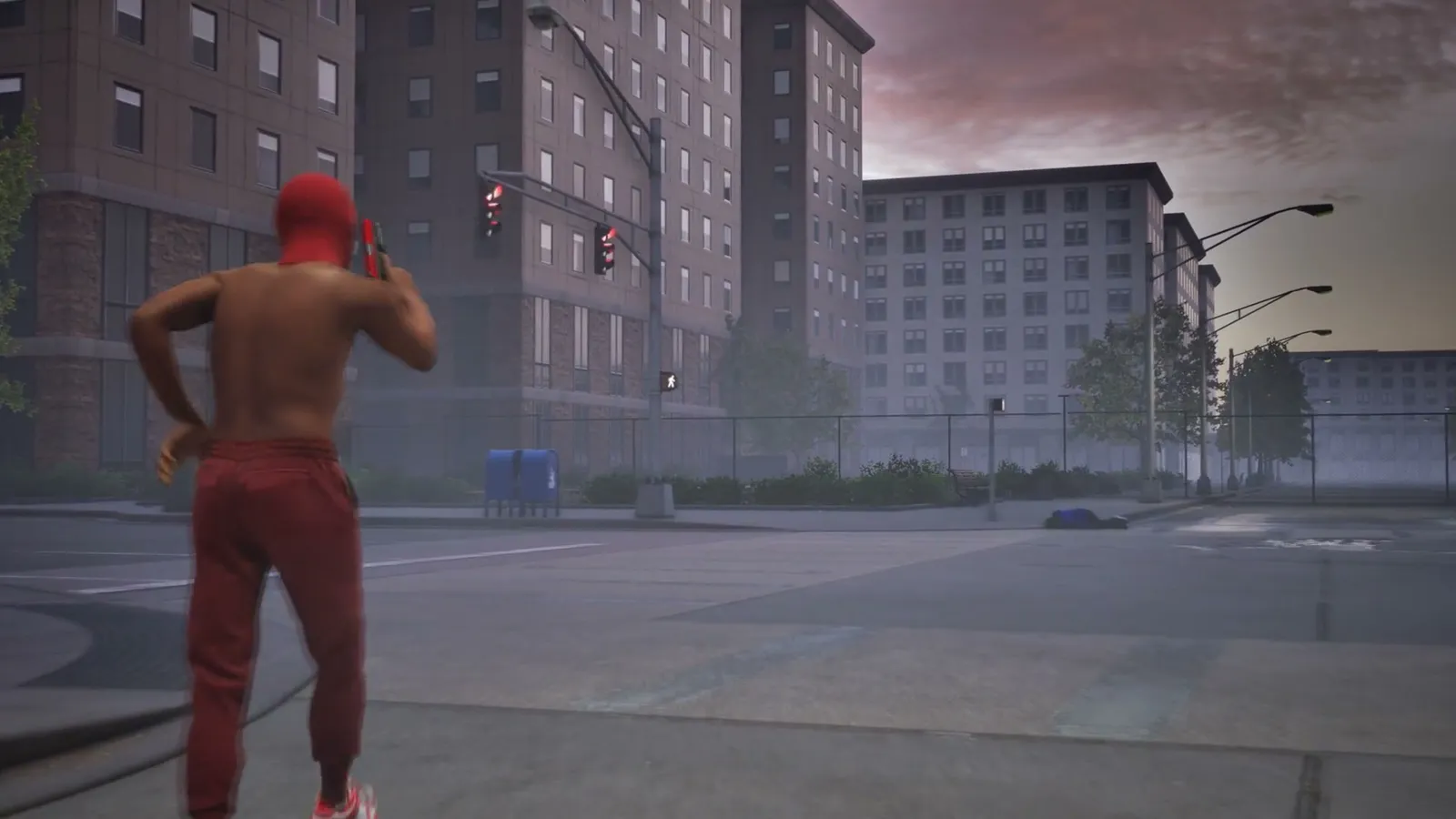 Red tracksuit player standing alone on an empty city street