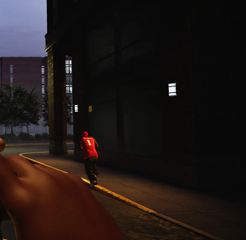 Opponent in a red jersey sprinting along a dark Downtown high-rise wall at dusk