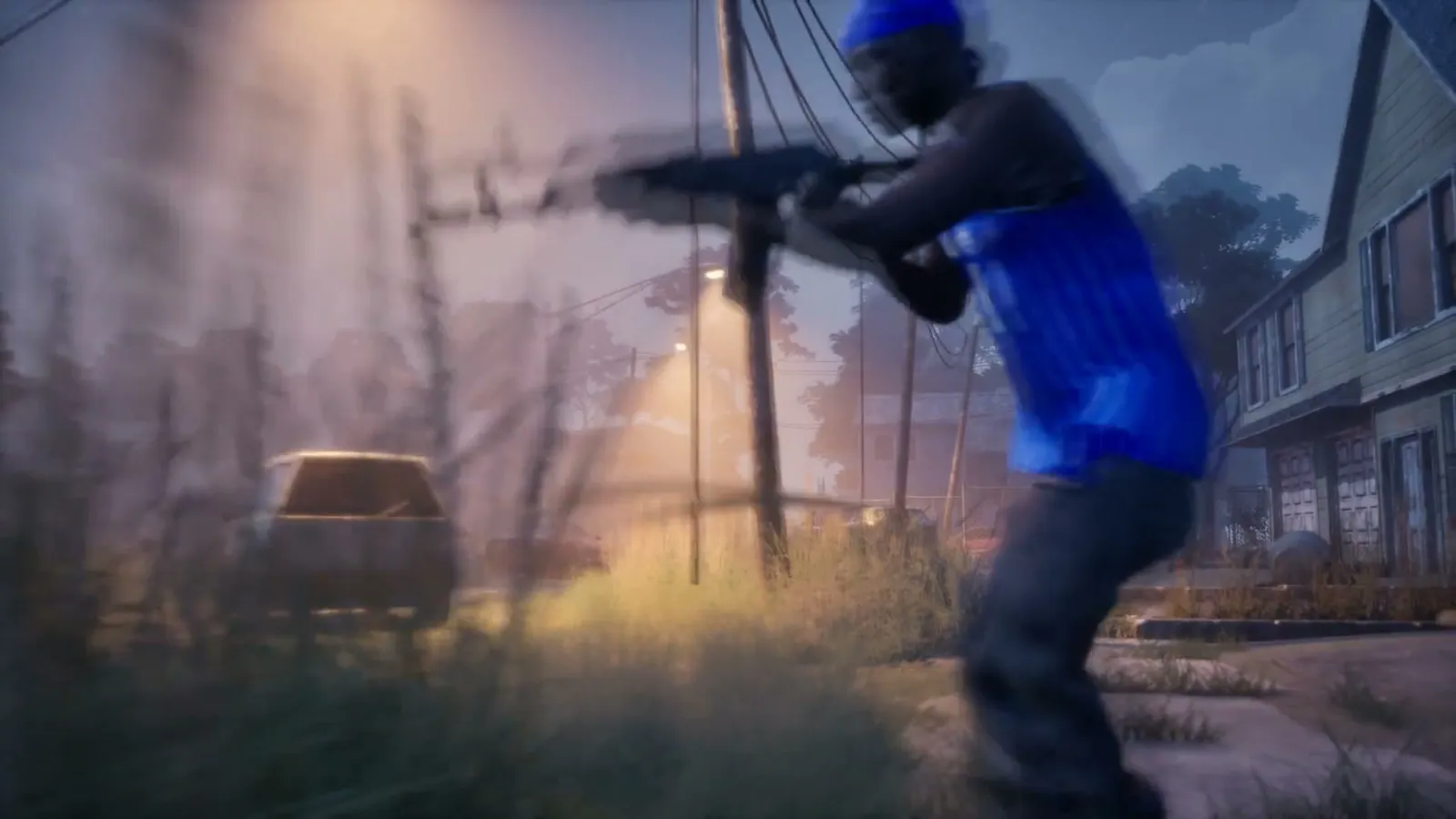 Blue player firing a rifle in a smoky back alley during a firefight