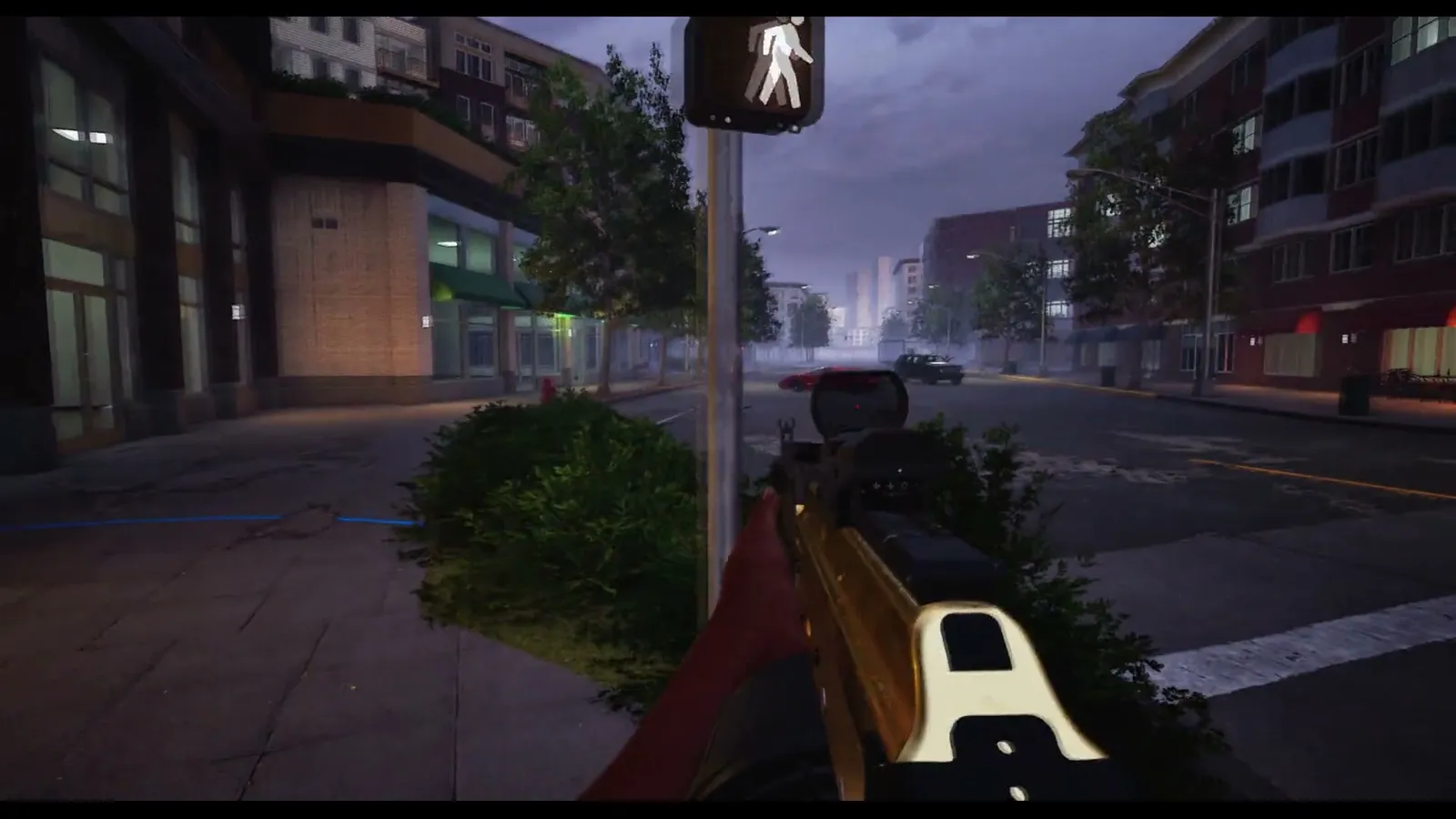 Player aiming down a mall hallway lined with glass railings