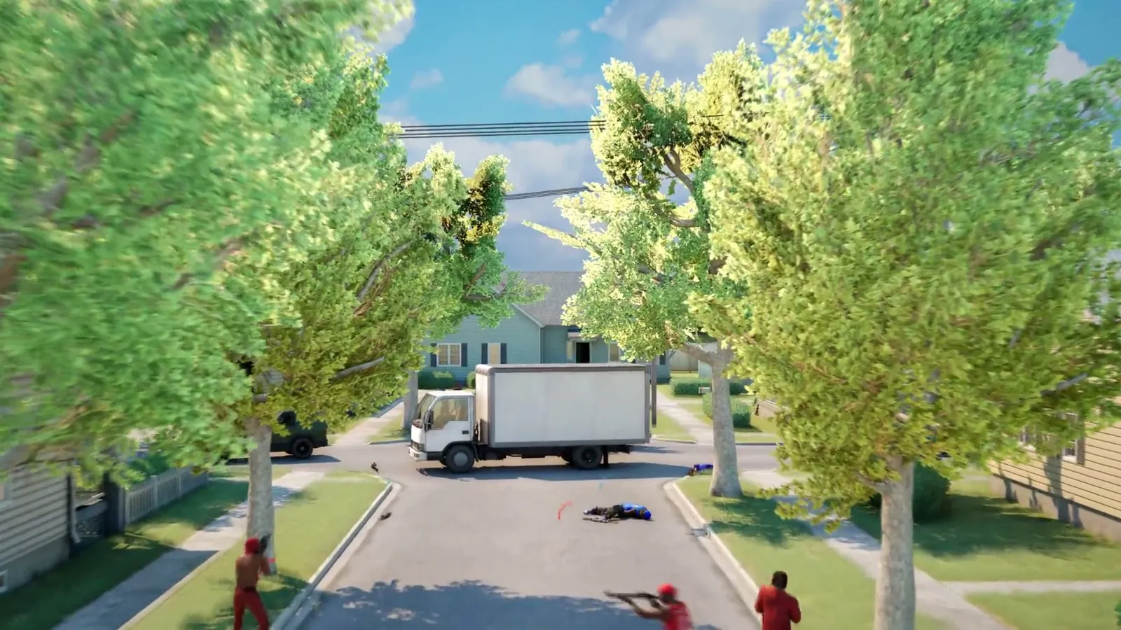 Players crossing a leafy suburban street beside a white box truck