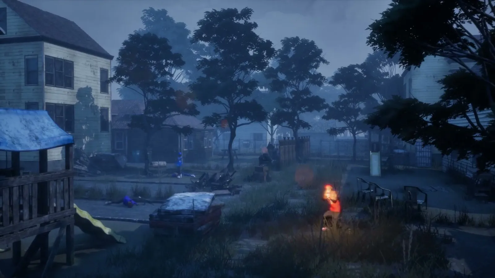 Burning red car and a downed blue-clad player on a foggy suburban street lined with wooden houses at dusk