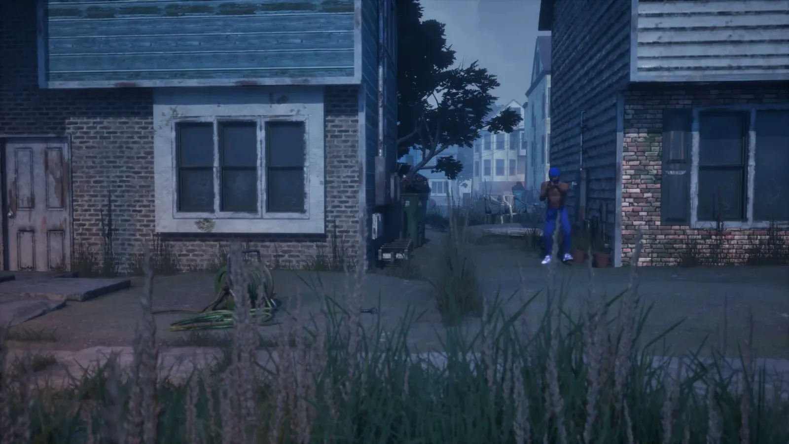 Two players holding rifles on a suburban sidewalk with headsets on during a Hood Warfare 2 match